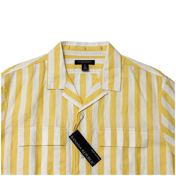 NWT Banana Republic Stripe Resort Shirt Linen Cotton Yellow White Striped M Tall - Picture 4 of 8